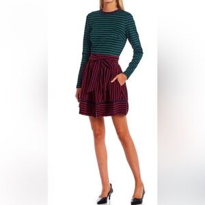 LDT Faye Long Sleeve Striped Green/Navy/Red Mini Dress in Size 6